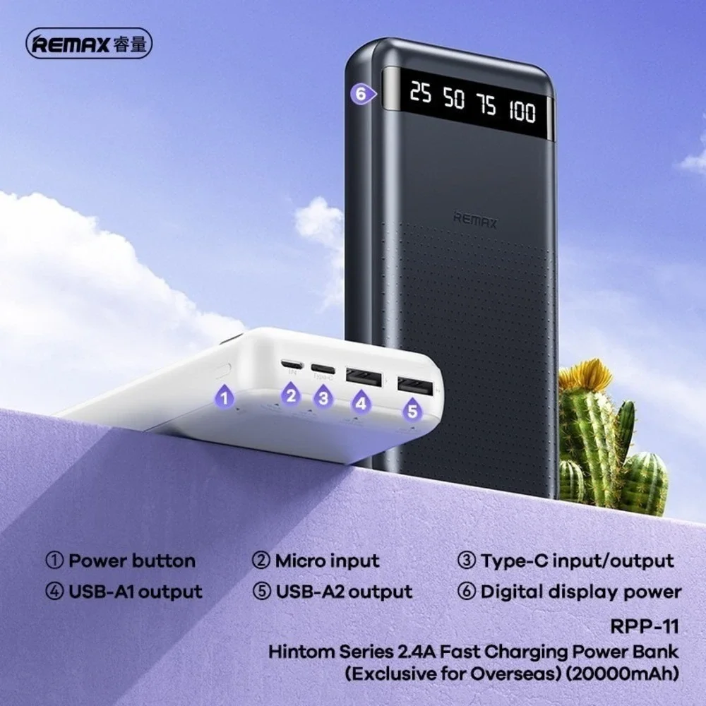 20000mAh Power Bank Portable Charger Remax RPP-11 Fast Charging LED White